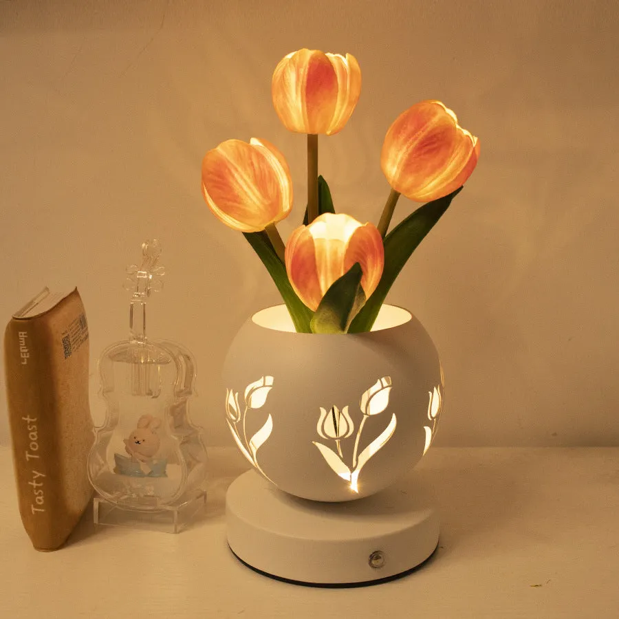 Tulip small night lamp LED projection decoration with iron hollow flowerpot and touch dimming