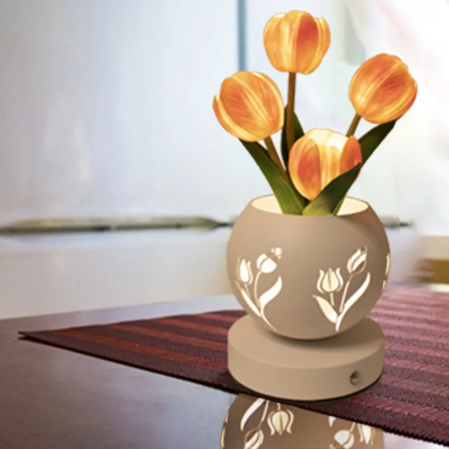 Tulip small night lamp LED projection decoration with iron hollow flowerpot and touch dimming