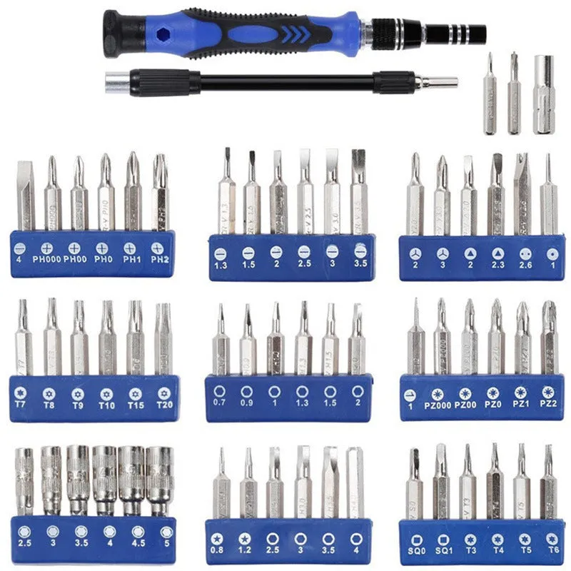 80-in-one multi-function screwdriver set with chrome vanadium steel bits, magnetic handle, and prying tools on a grey background