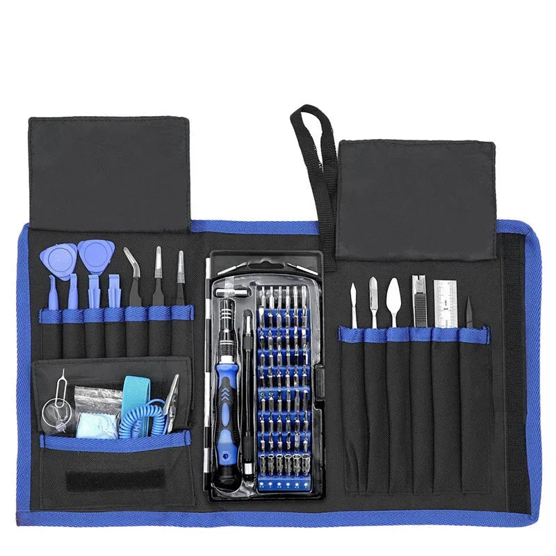 80-in-one multi-function screwdriver set with chrome vanadium steel bits, magnetic handle, and prying tools on a grey background
