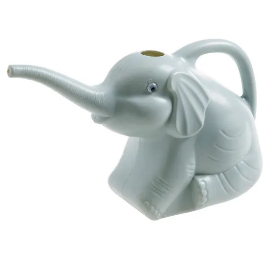 Pink plastic elephant-shaped watering can with a long nozzle and a child-sized handle.