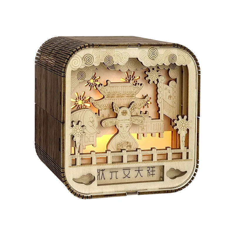 Wood carving lamp with geometric stereo design, wentianxiang pattern, 90x90x50mm, battery-powered night light
