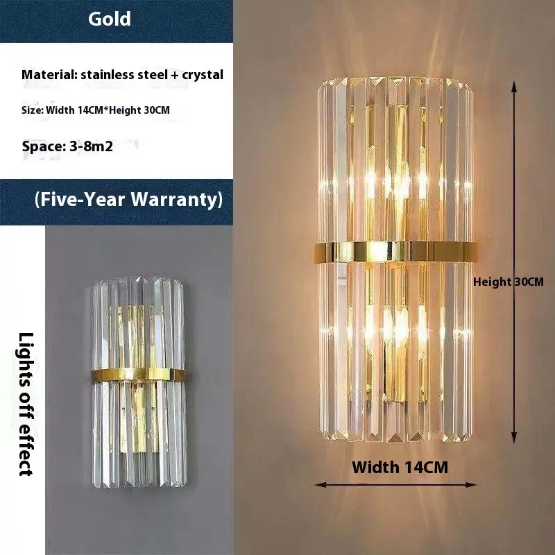 Stainless steel crystal background wall lamp for aisle bedside with gold finish and 12W LED
