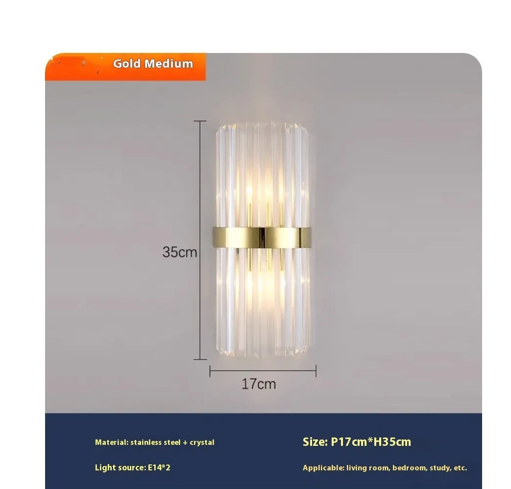 Stainless steel crystal background wall lamp for aisle bedside with gold finish and 12W LED