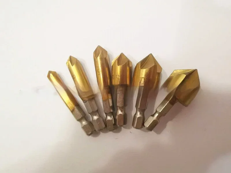 Titanium-plated high carbon steel five-blade chamferer six-piece set for woodworking holes sizes 6-19 mm