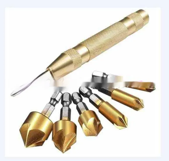Titanium-plated high carbon steel five-blade chamferer six-piece set for woodworking holes sizes 6-19 mm