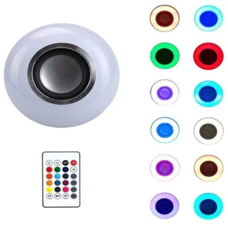White Bluetooth speaker LED bulb with E27 base showing RGB colour illumination