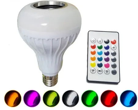 White Bluetooth speaker LED bulb with E27 base showing RGB colour illumination