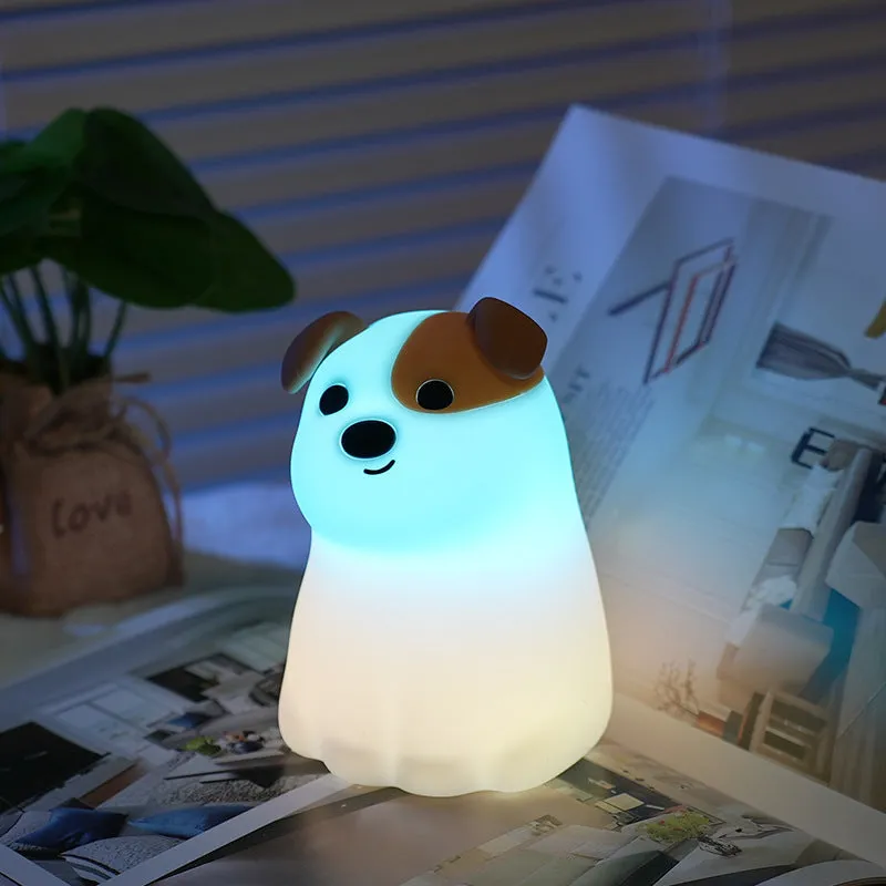 Silicone puppy dog night light with cartoon face, soft illumination, and Type-C charging port
