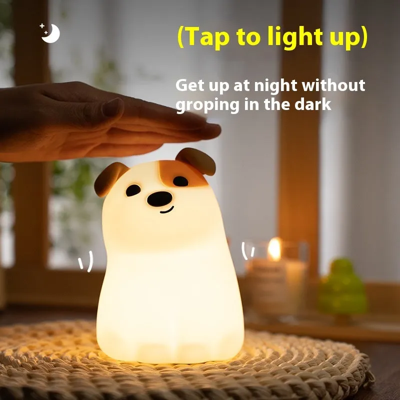 Silicone puppy dog night light with cartoon face, soft illumination, and Type-C charging port
