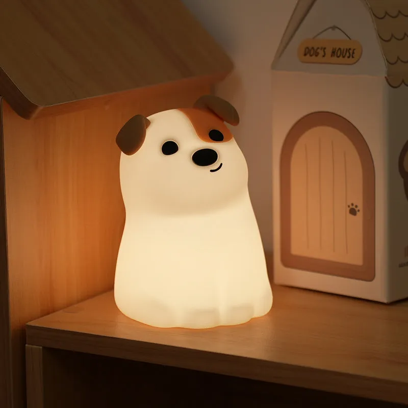 Silicone puppy dog night light with cartoon face, soft illumination, and Type-C charging port