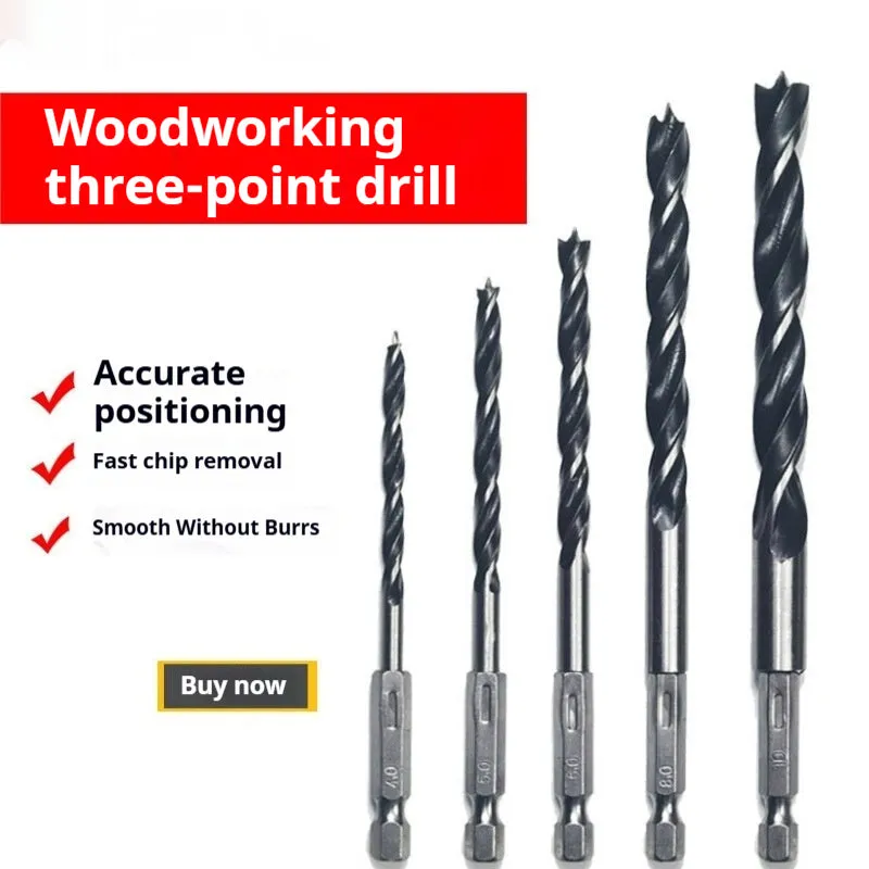 Set of five steel woodworking twist drill bits with hexagonal handles placed on a surface