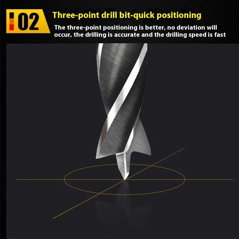 Set of five steel woodworking twist drill bits with hexagonal handles placed on a surface