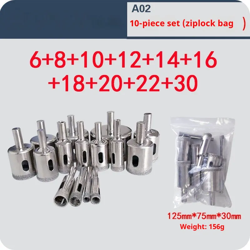 Electroplated tile rock plate drill bit set with one-piece steel construction on a work surface