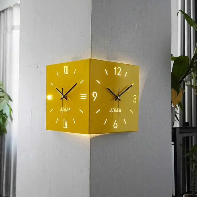 Double-sided decorative wall clock with metal shell, 26x26cm, Rome with lights, modern simplicity style for bedroom or living room corner