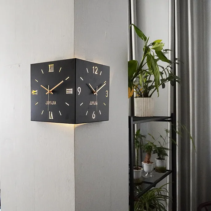 Double-sided decorative wall clock with metal shell, 26x26cm, Rome with lights, modern simplicity style for bedroom or living room corner
