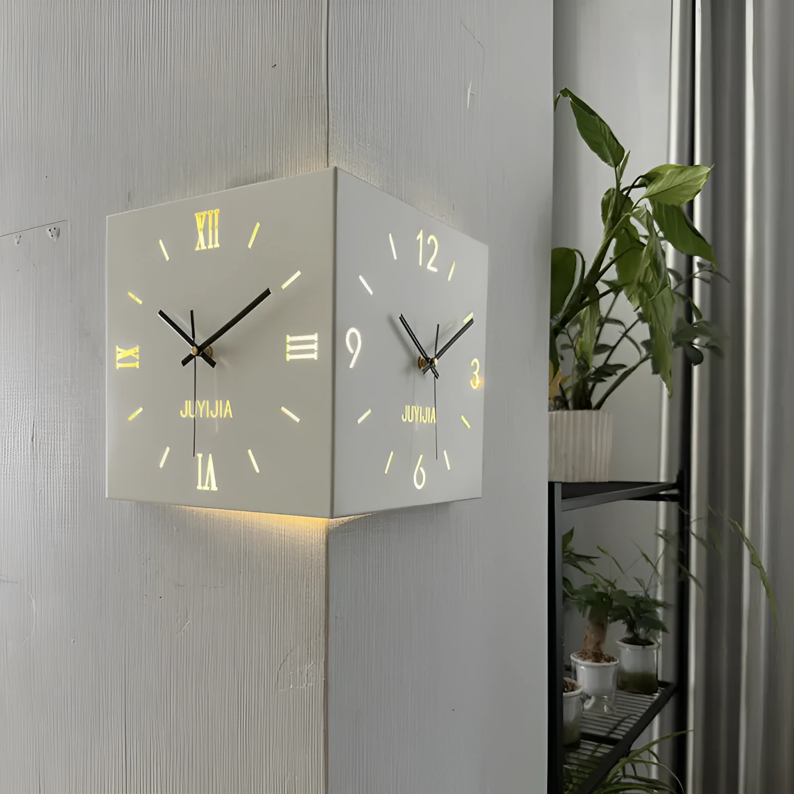 Double-sided decorative wall clock with metal shell, 26x26cm, Rome with lights, modern simplicity style for bedroom or living room corner