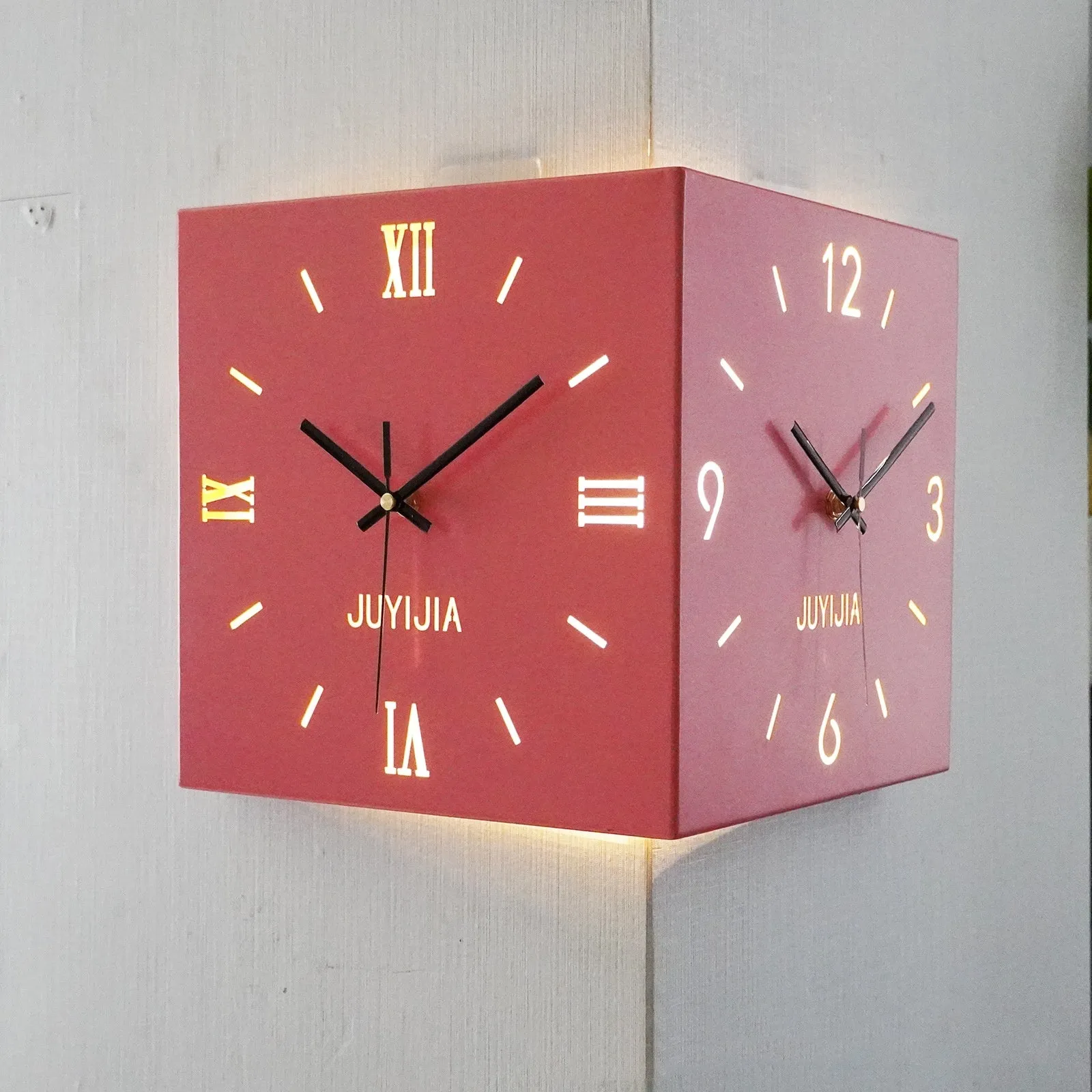 Double-sided decorative wall clock with metal shell, 26x26cm, Rome with lights, modern simplicity style for bedroom or living room corner
