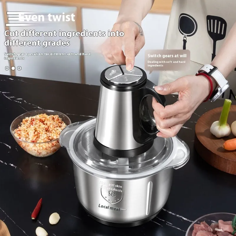 Stainless steel meat grinder with 2L bowl, 2 sets of knives, and adjustable speed control on a kitchen counter