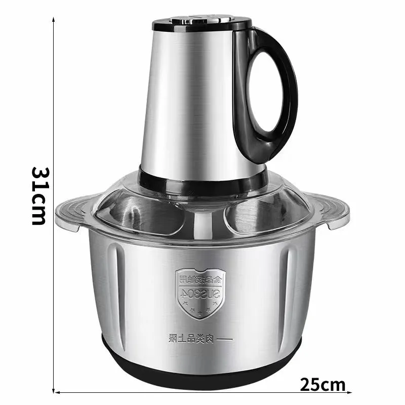 Stainless steel meat grinder with 2L bowl, 2 sets of knives, and adjustable speed control on a kitchen counter