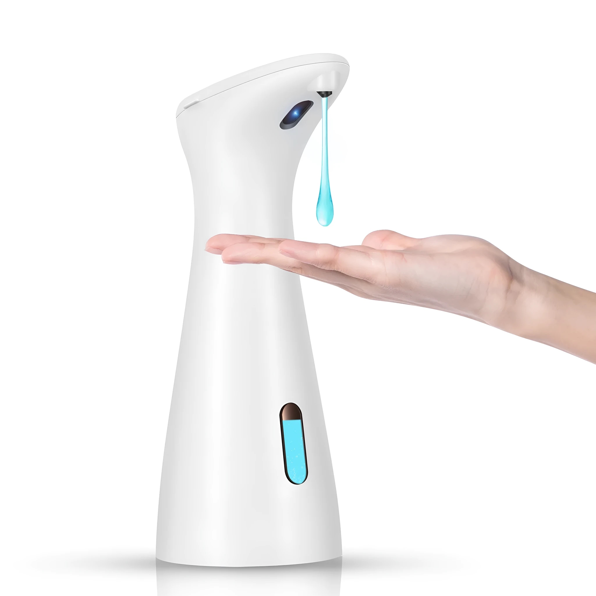 White infrared sensor automatic soap dispenser on a bathroom sink
