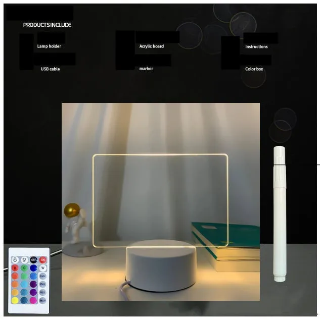 3D acrylic message board light with LED illumination and writing surface