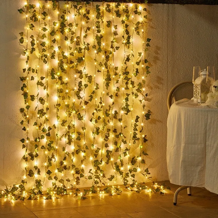 Artificial simulated leaves copper wire string lights with maple leaf green vine, warm white LEDs, 10m length, 100 lamp beads