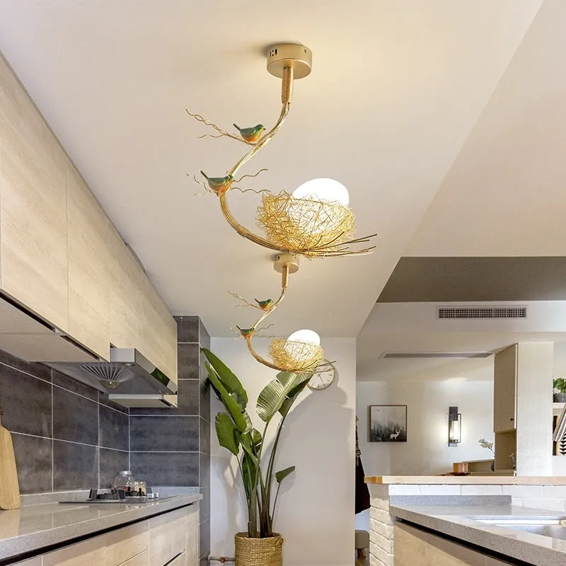 Wind bird's nest pendant light with Tuhao Gold aluminum wire lamp body, Nordic style bar lighting