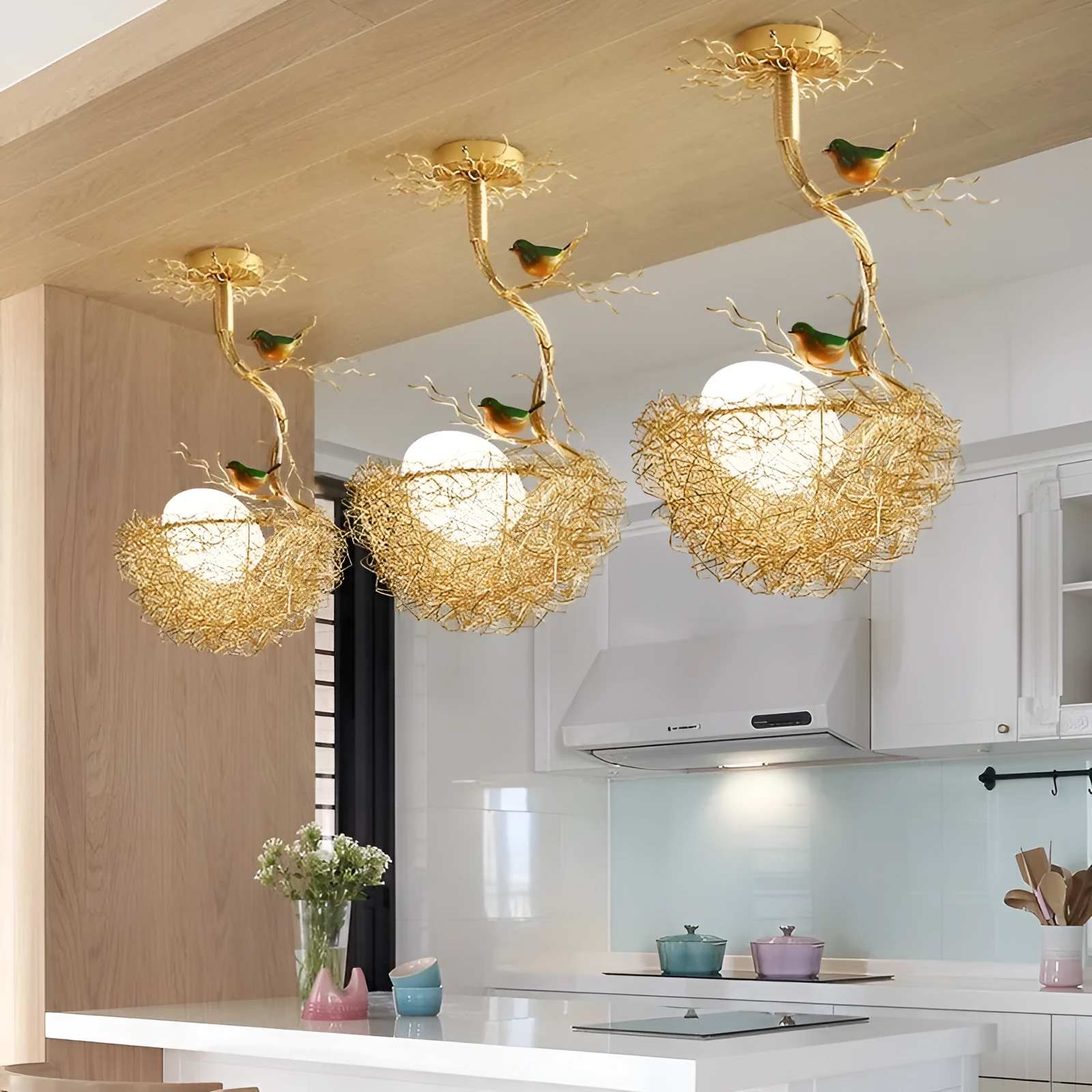 Wind bird's nest pendant light with Tuhao Gold aluminum wire lamp body, Nordic style bar lighting