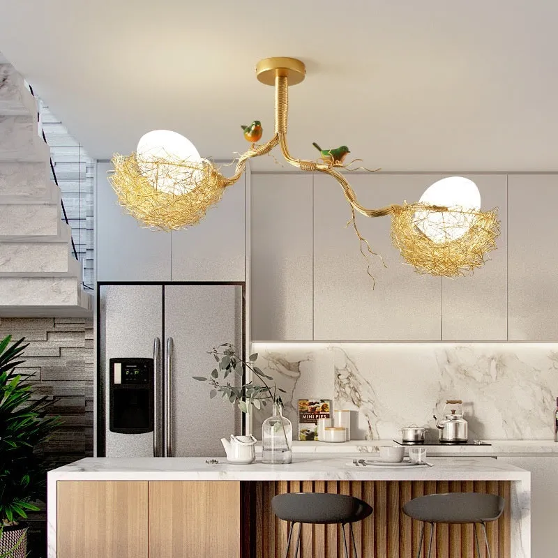 Wind bird's nest pendant light with Tuhao Gold aluminum wire lamp body, Nordic style bar lighting