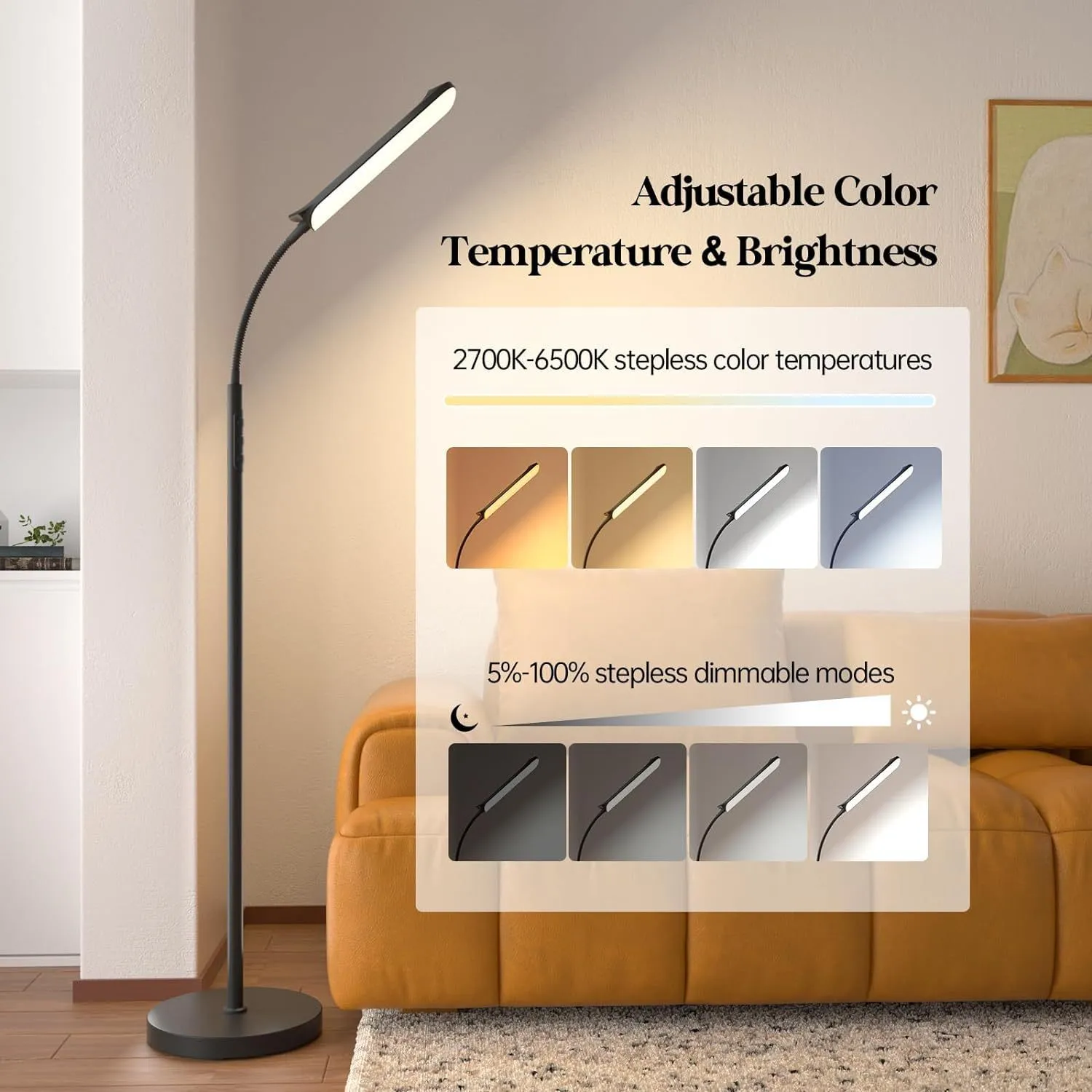 Simple modern LED floor lamp with remote control and eye protection, 18W 2700-6500K colour temperature for bedroom study