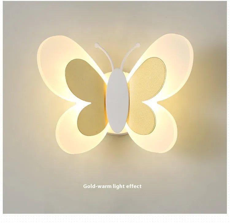 Butterfly-shaped acrylic children's wall lamp in pink and white, 240x170x105mm, with tri colour dimming option