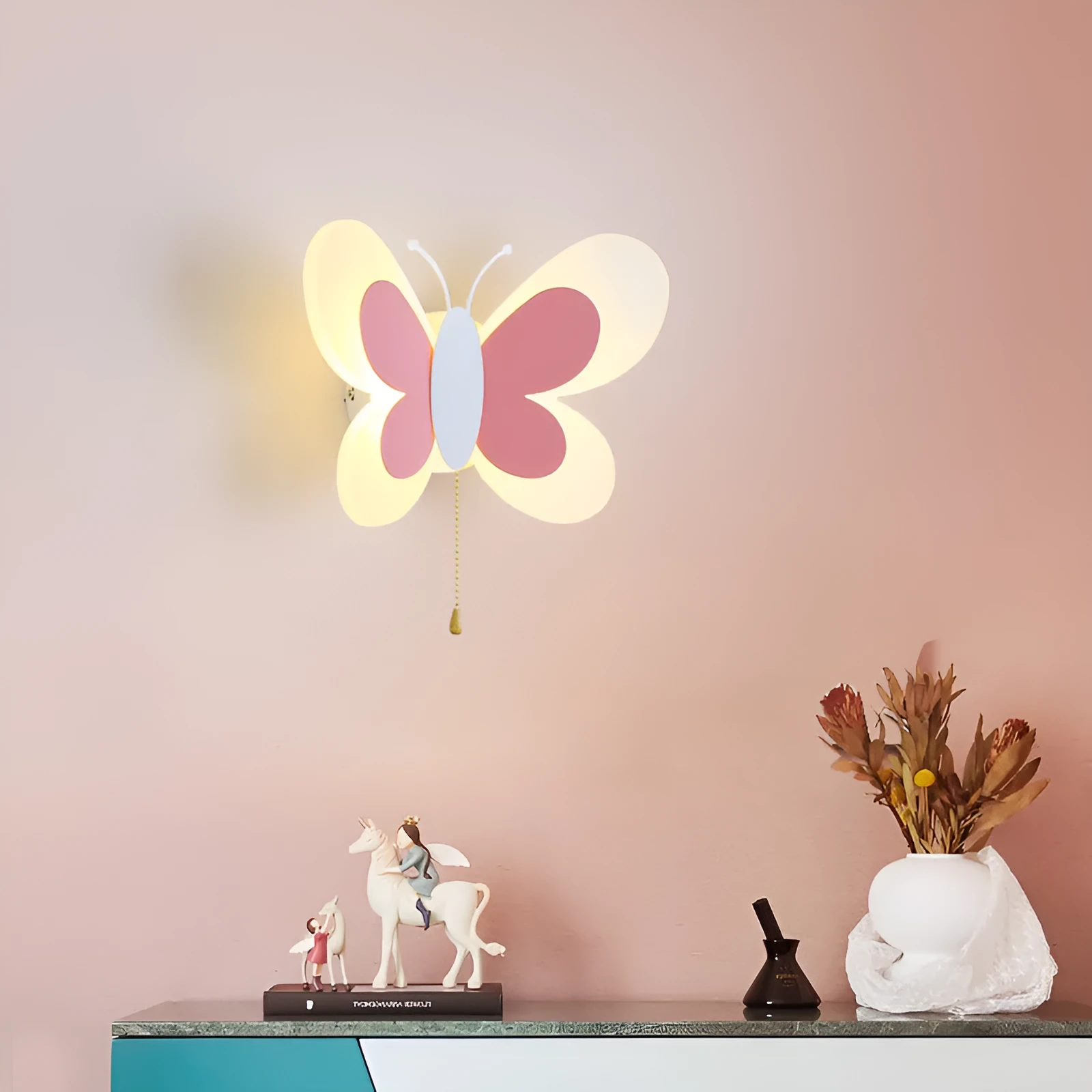 Butterfly-shaped acrylic children's wall lamp in pink and white, 240x170x105mm, with tri colour dimming option
