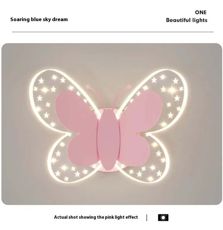 Butterfly-shaped acrylic children's wall lamp in pink and white, 240x170x105mm, with tri colour dimming option
