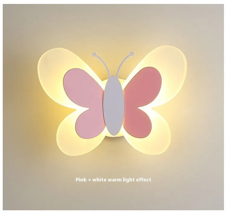 Butterfly-shaped acrylic children's wall lamp in pink and white, 240x170x105mm, with tri colour dimming option