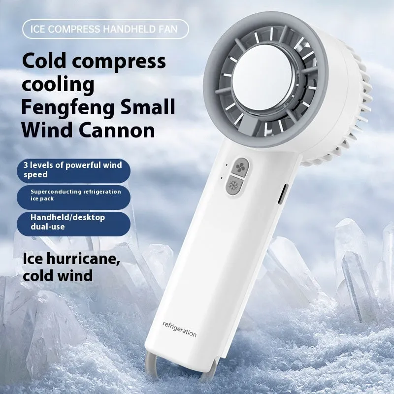Semiconductor ice cooling handheld fan in ice white with LED lights and USB cable