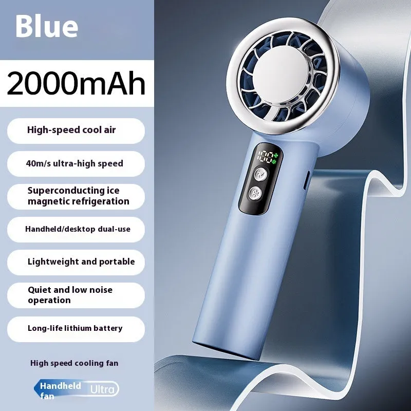 Semiconductor ice cooling handheld fan in ice white with LED lights and USB cable