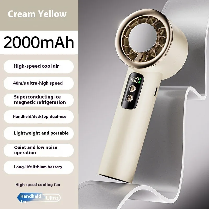 Semiconductor ice cooling handheld fan in ice white with LED lights and USB cable