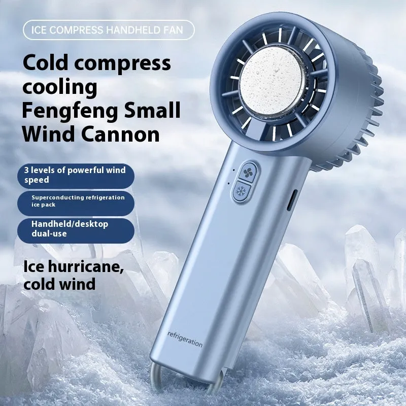 Semiconductor ice cooling handheld fan in ice white with LED lights and USB cable