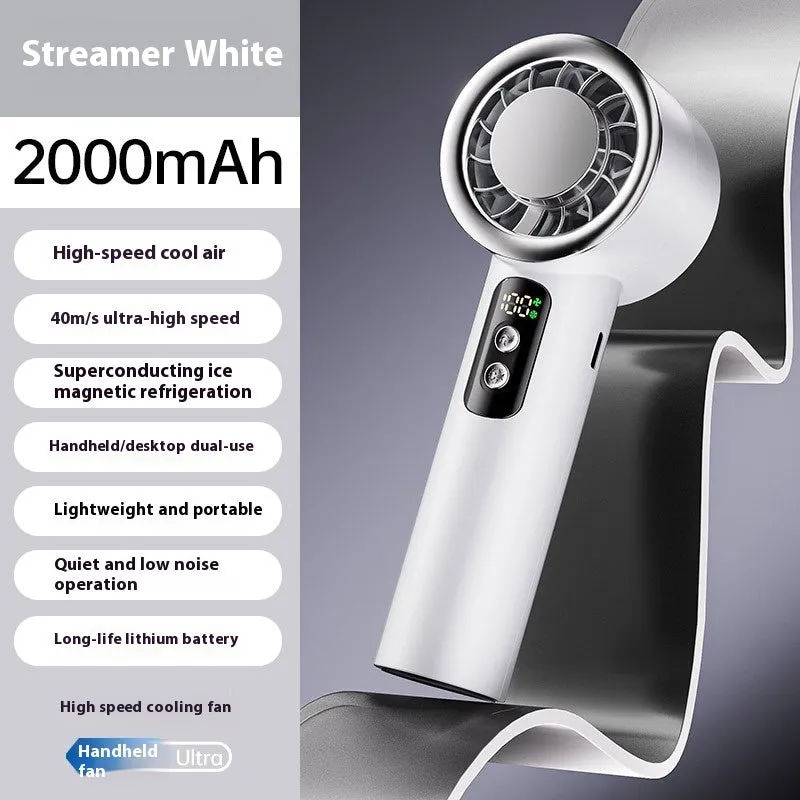 Semiconductor ice cooling handheld fan in ice white with LED lights and USB cable
