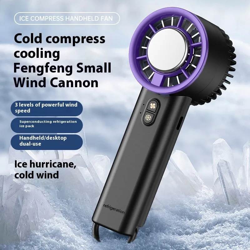 Semiconductor ice cooling handheld fan in ice white with LED lights and USB cable