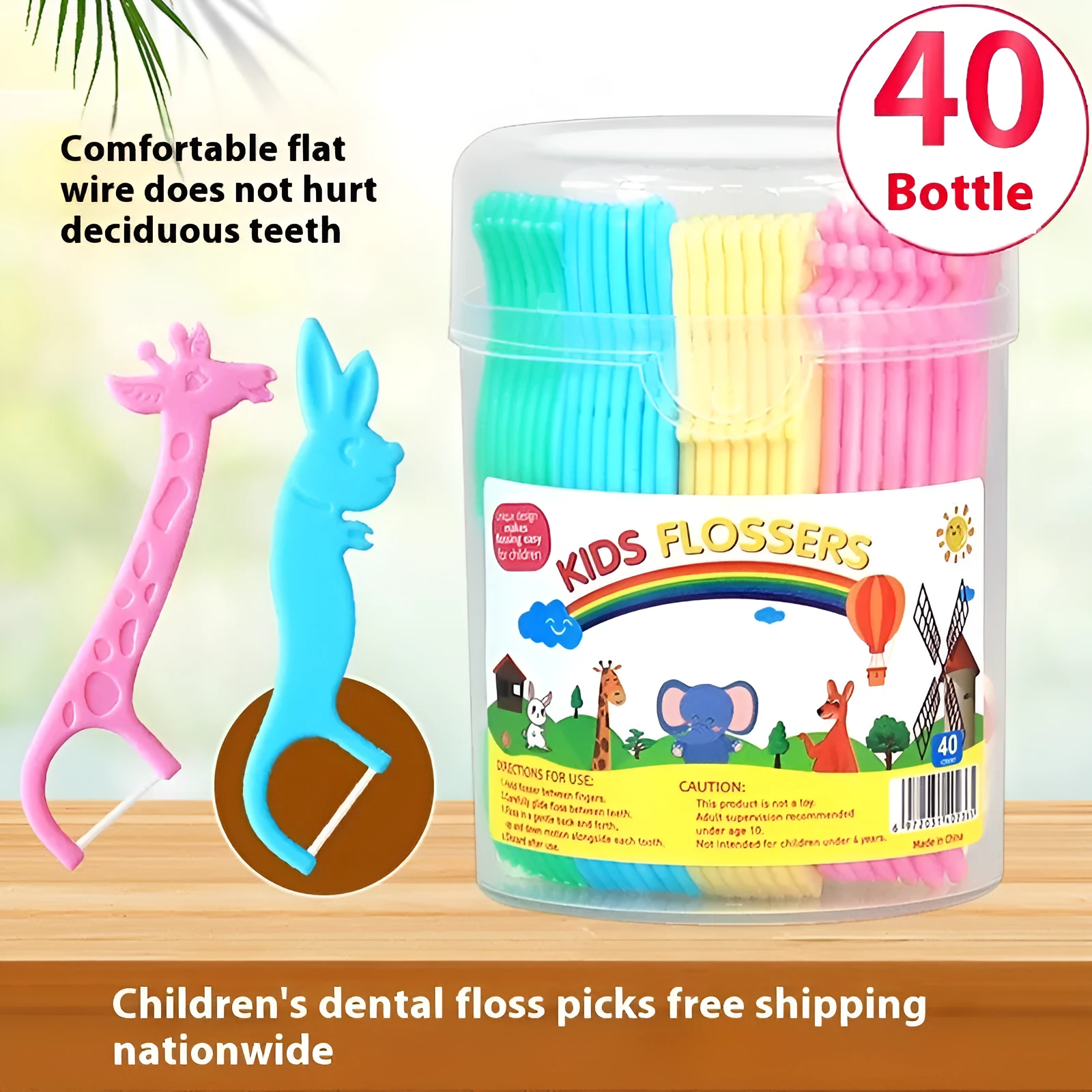 Box of 40 children's flat floss dental floss sticks with plastic handles