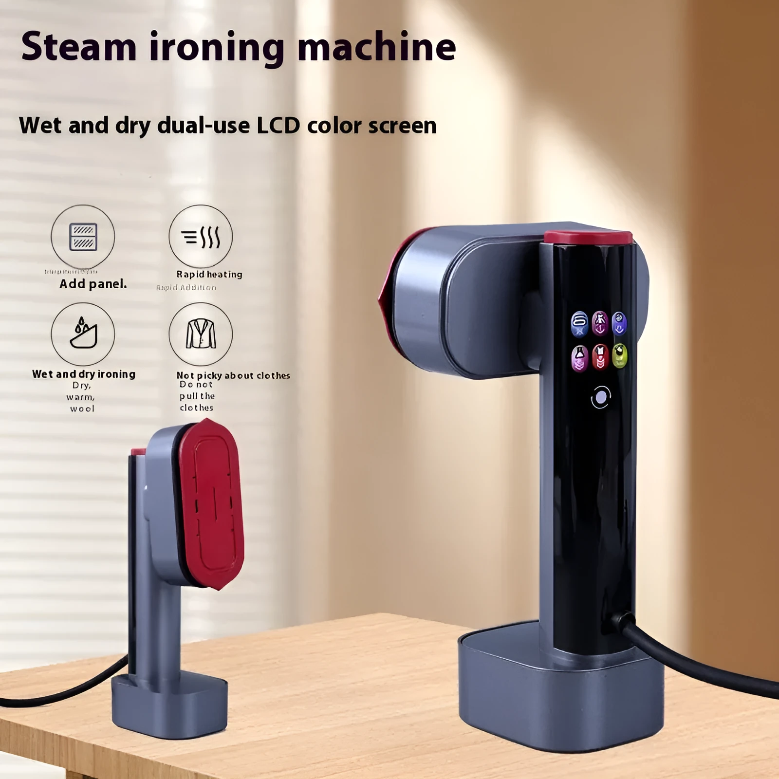 Black handheld colour screen rotary steam and dry iron with water tank