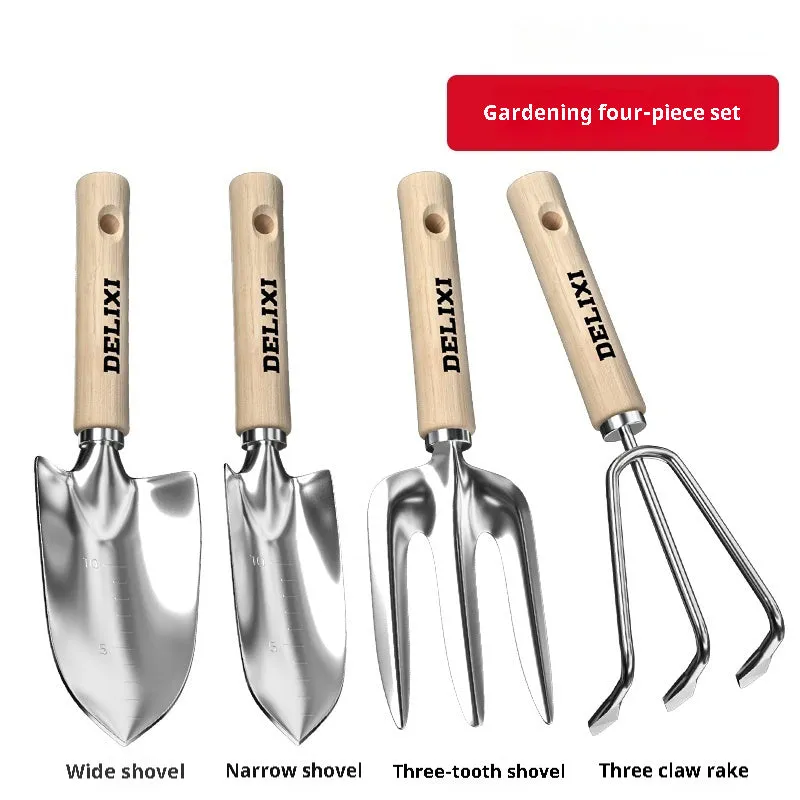 Gardening tool set with stainless steel shovels and rake, solid wood handles