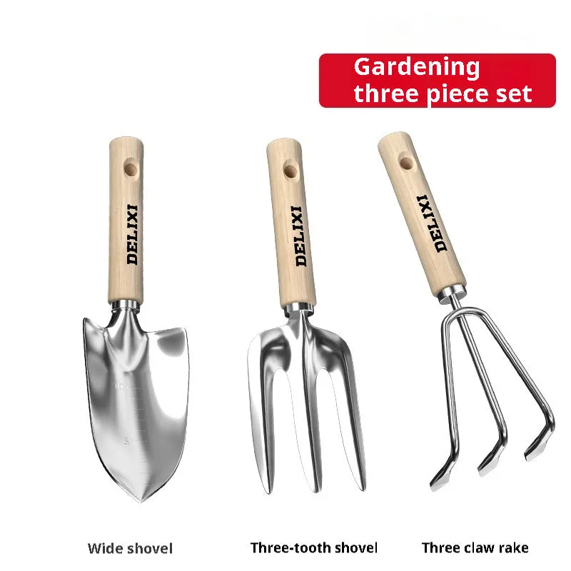Gardening tool set with stainless steel shovels and rake, solid wood handles