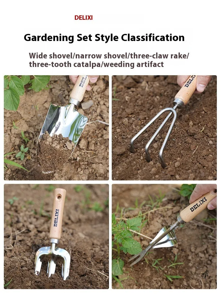Gardening tool set with stainless steel shovels and rake, solid wood handles