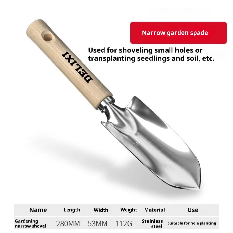 Gardening tool set with stainless steel shovels and rake, solid wood handles