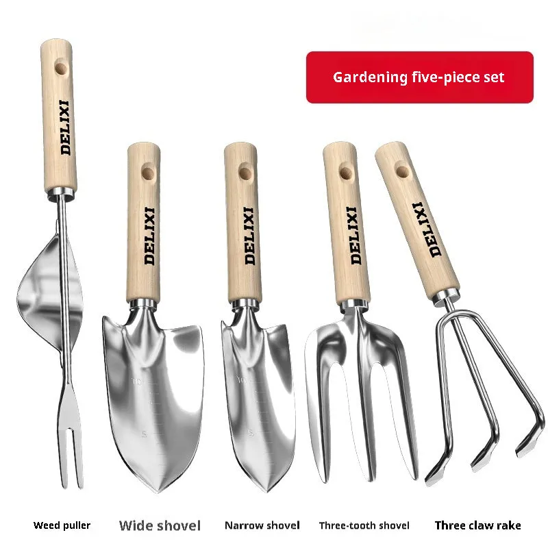 Gardening tool set with stainless steel shovels and rake, solid wood handles