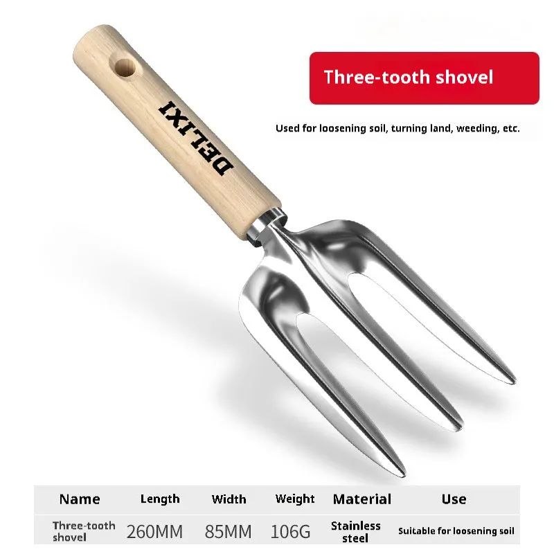 Gardening tool set with stainless steel shovels and rake, solid wood handles