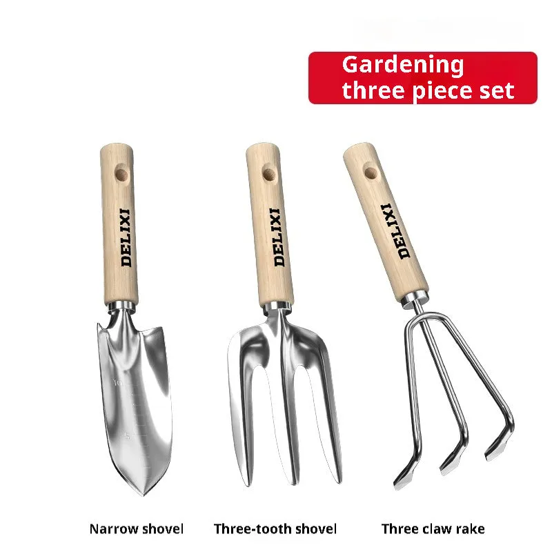 Gardening tool set with stainless steel shovels and rake, solid wood handles